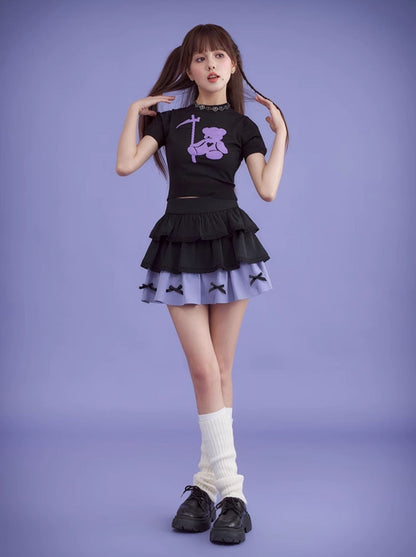 사기돌스 소녀의 투혼, 블랙 퍼플 스윗 쿨 베어 아이스 실크 반팔 니트 풀오버 티셔츠는 얇고 시원하며 활용도가 높다.