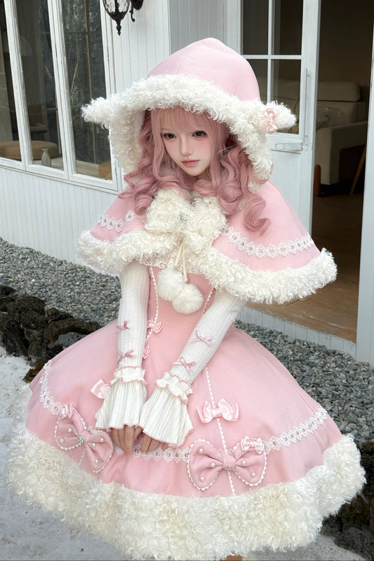【11月7日予約締切】Yellow/Pink Sweet Lolita Lace Ribbon Fluffy Hem JSK Dress + Fur Trim Sheep Ear Hooded Cape + Ruffle Neck Ribbed Bell Sleeve Top Set 1/2 + Full Set