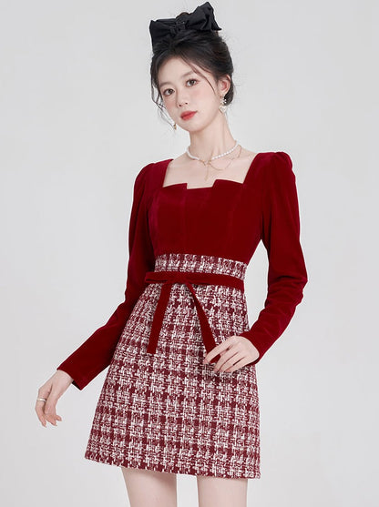 Red Check Tweed Ribbon Velour Dress