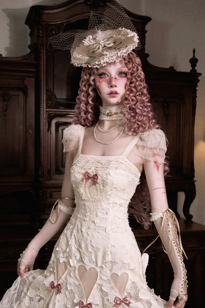 コットンラブハートリボンカットアウトレーススリップドレス