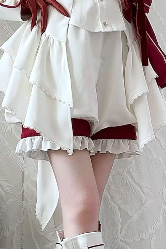 【9月13日予約締切】White Burgundy Military Ruffle Lolita Jacket (with epaulet bow) + Shirt + Short Skirt Set / Shorts Set + Complete set 1/2 (Officer cap + Leg covers + Sash)