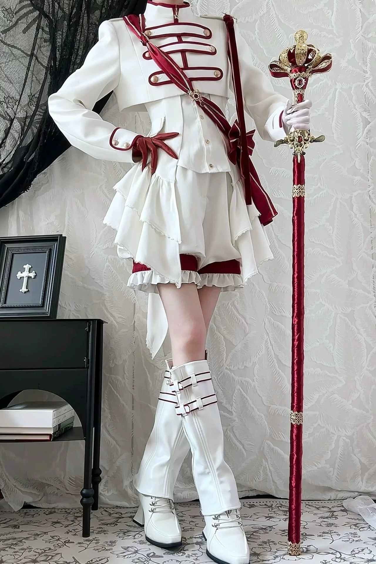 【9月13日予約締切】White Burgundy Military Ruffle Lolita Jacket (with epaulet bow) + Shirt + Short Skirt Set / Shorts Set + Complete set 1/2 (Officer cap + Leg covers + Sash)