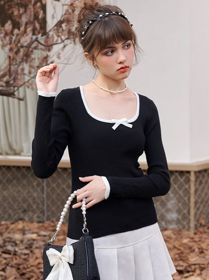 Open collar slim ribbon slim top