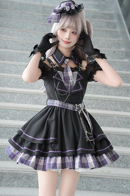 다크 카와이 체크 로리타 원피스 + 레그 워머