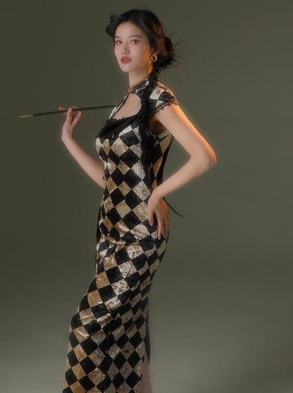 Retro Plaid Velvet Cheongsam Dress