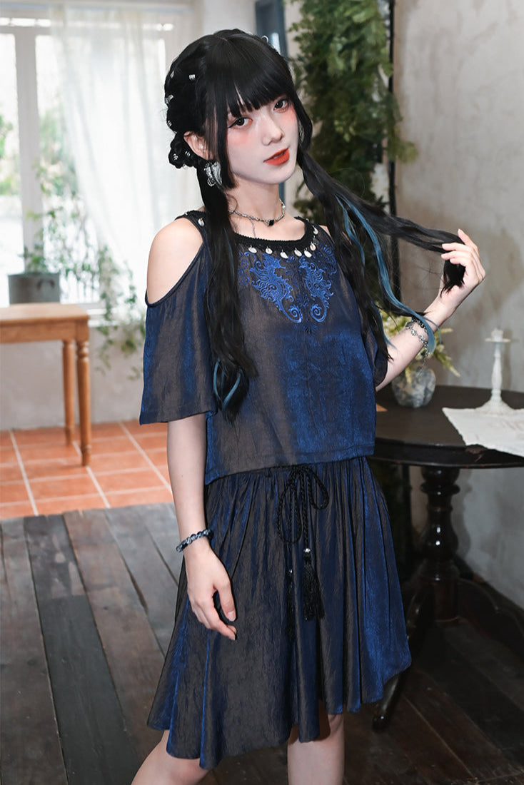 チャイナデザインオフショルダートップス+タッセルスカート