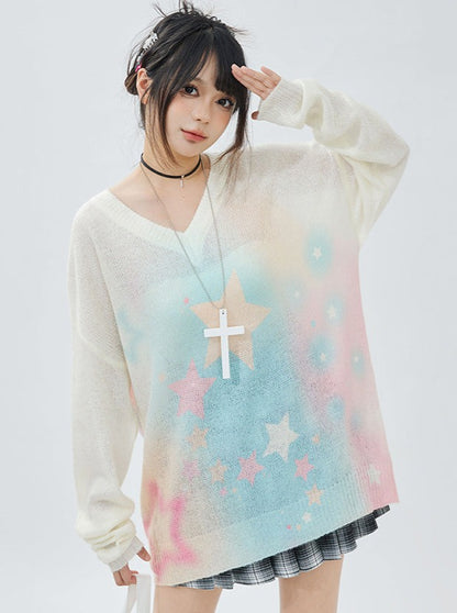 Tie-Dye Star V-Neck Over Sweater