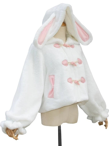 Rabbit Sweet White Fur Hooded Coat