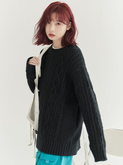 Twist Pattern Round Neck Sweater Loose Top