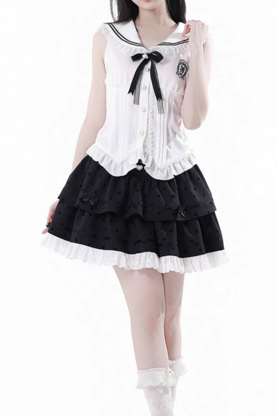 Cárdigan Dark Kawaii con cordones + Top marinero sin mangas + Falda