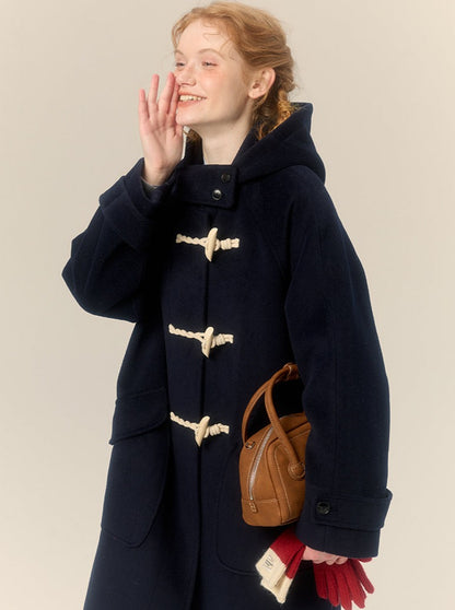 College Style Hooded Mid Length Horn Button Wool Coat