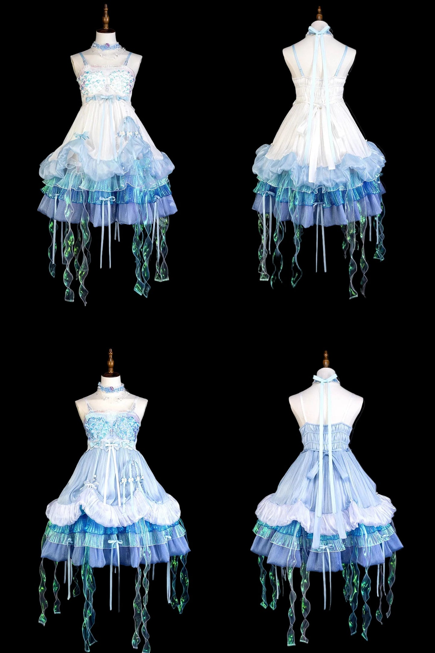 [Date limite de précommande : 1er août] Robe JKS lolita féerique méduse océan blanc x bleu à superpositions avec traîne aurore