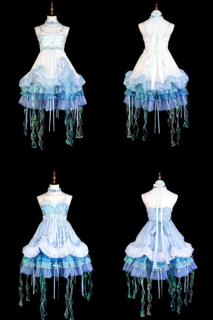[Date limite de précommande : 1er août] Robe JKS lolita féerique méduse océan blanc x bleu à superpositions avec traîne aurore
