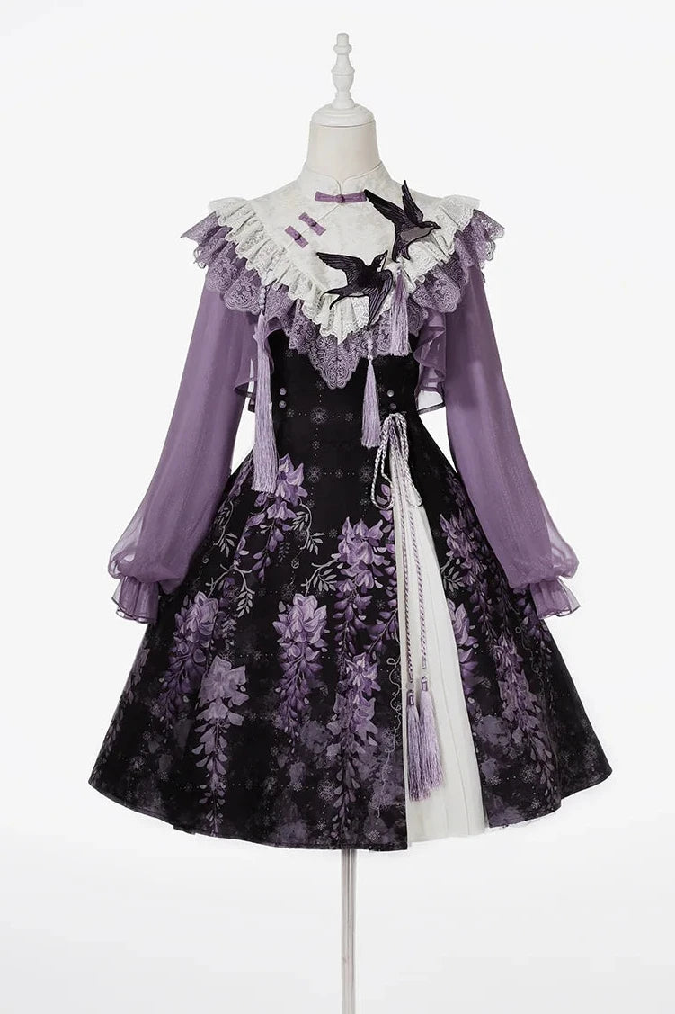 [Reservierungsschluss 8. November] New-Chinese-Lolita-Set mit mondbeschienenem wisterienviolettem JSK-Kleid + kurzem Spitzentop mit Schwalbenstickerei und Quasten