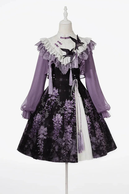 [Reservierungsschluss 8. November] New-Chinese-Lolita-Set mit mondbeschienenem wisterienviolettem JSK-Kleid + kurzem Spitzentop mit Schwalbenstickerei und Quasten