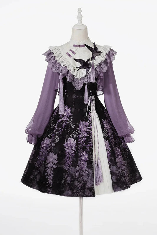 【11月8日予約締切】New Chinese Lolita Moonlit Wisteria Purple JSK Dress + Swallow Embroidery Lace Tassel Crop Top Set