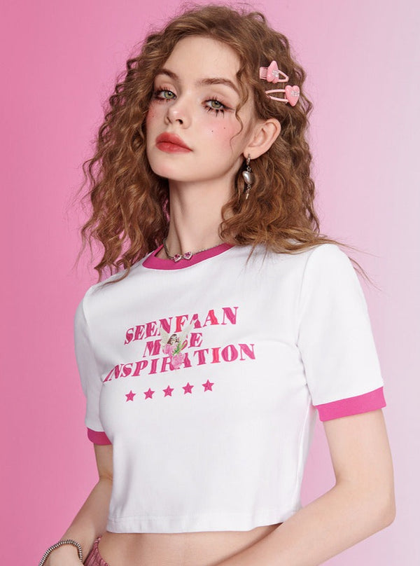 カラーデザインプリントコットンラウンドネックTシャツ