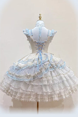 [Reservierungsschluss 1. August] Blau-weißes Sweet-Lolita-Stufenkleid-Set mit Blumenmuster