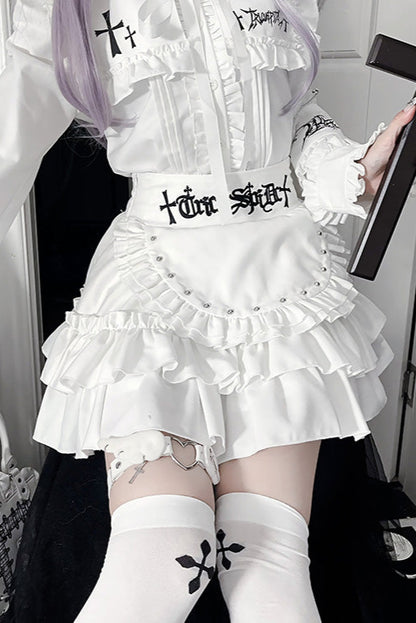 ライトアジアダークスリムロングスリーブトップス+フェイクエプロンショートスカート