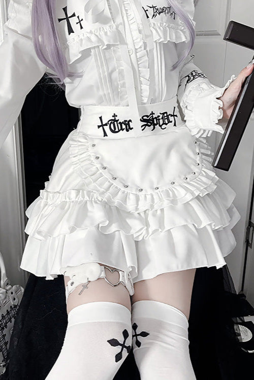 ライトアジアダークスリムロングスリーブトップス+フェイクエプロンショートスカート