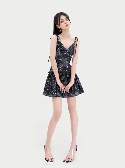 Dark Moon Star Neck Waist Slim Dress 