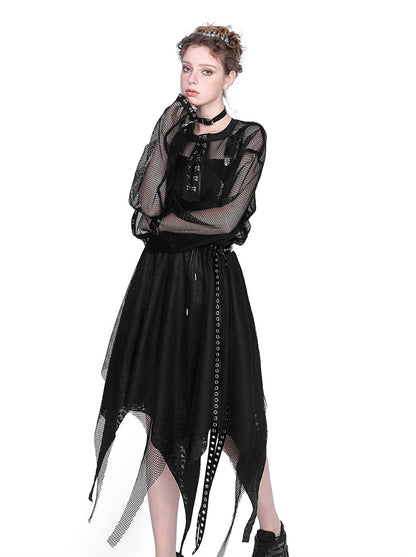 Mesh Sheer Metal Cross Lace-Up Mode Long T