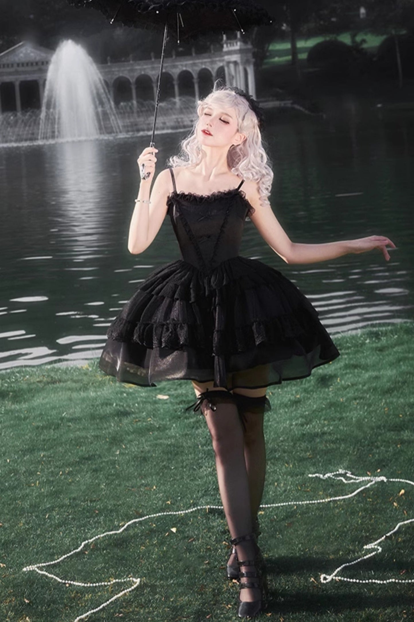 Dark Black Lolita Dress + Inner + Suspender Dress + Veil + Hairband + Belt + Sleeves