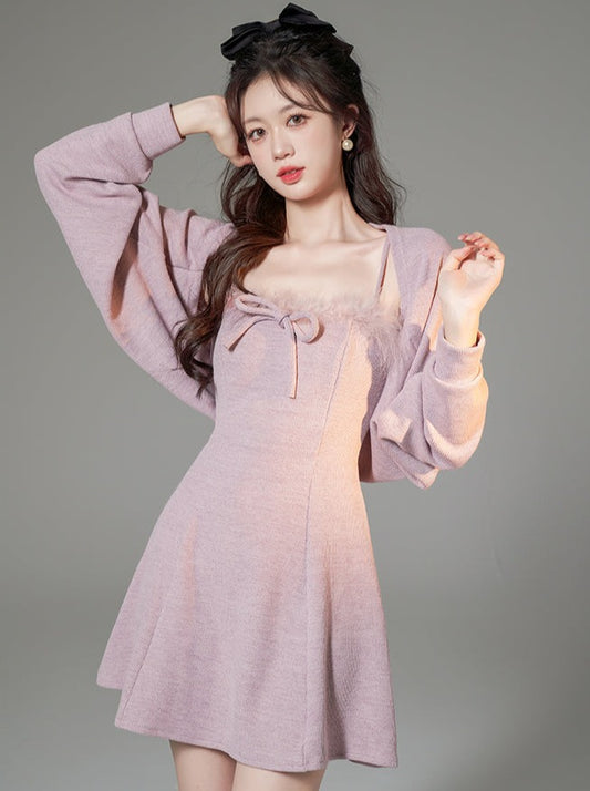 니트 벌룬 가디건+플레어 캐미솔 원피스