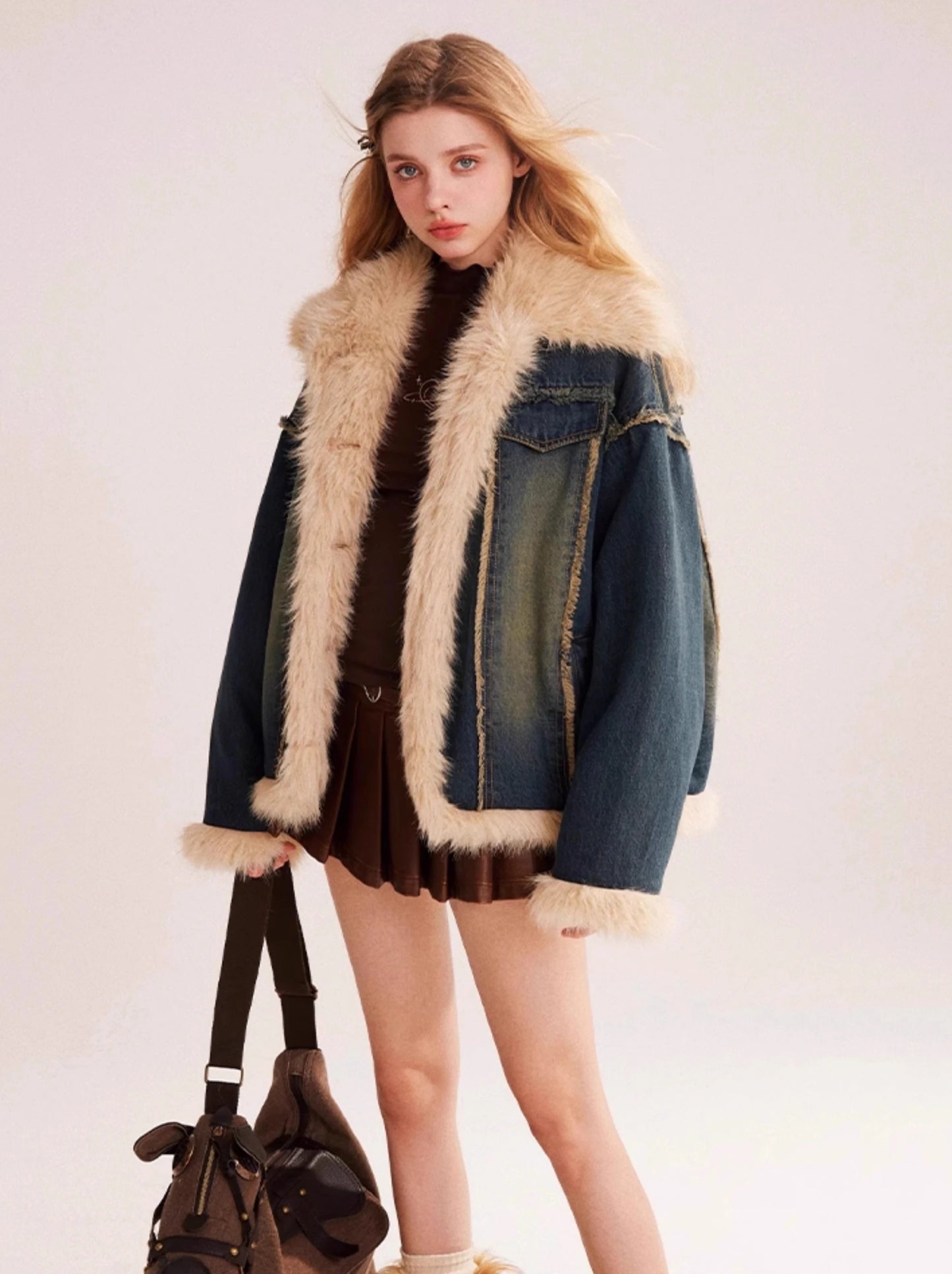 Retro fur stitch denim jacket