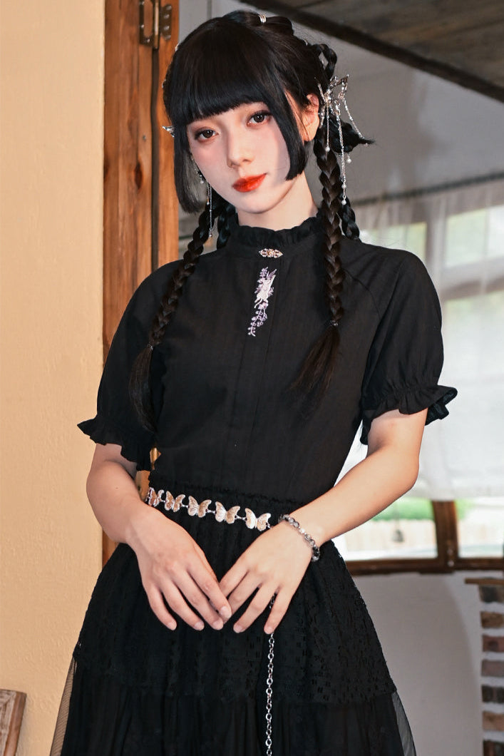 コットンススタンドカラーブラックスリムシャツ