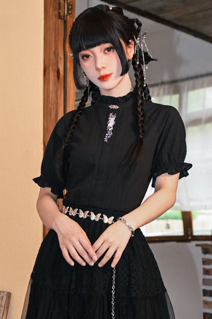 コットンススタンドカラーブラックスリムシャツ