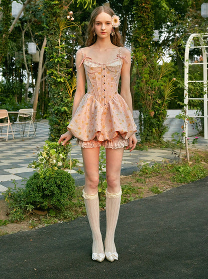 Retro Jacquard French Doll Feel Blooma Fishbone Short Dress