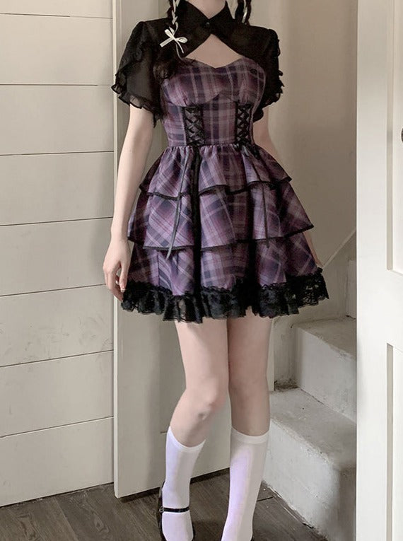 Purple Check Suspender Dress + Shea Asamer Cardigan