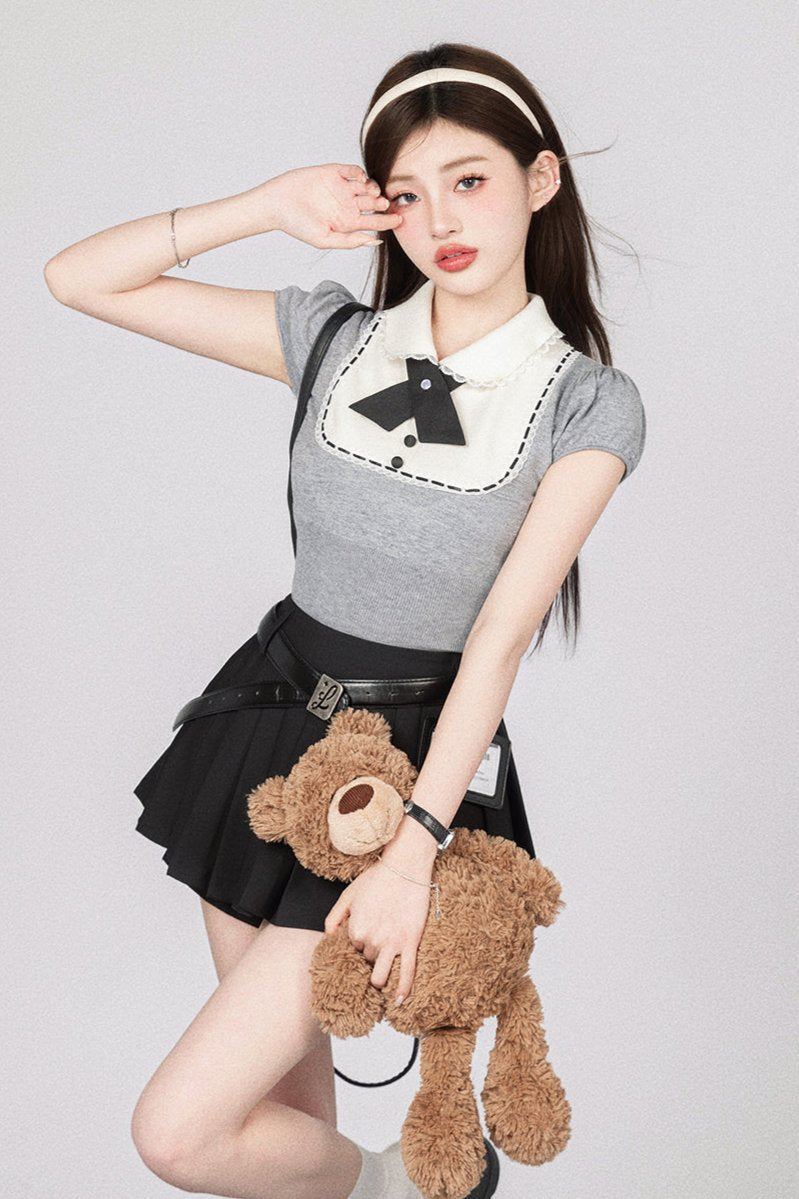 Sweetheart School Girl Knit Top + Short Skirt