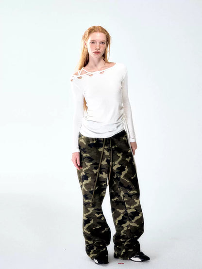 Razor Hollow Herbst Winter Schwarz Weiß Cut-Out One-Shoulder-Oberteil