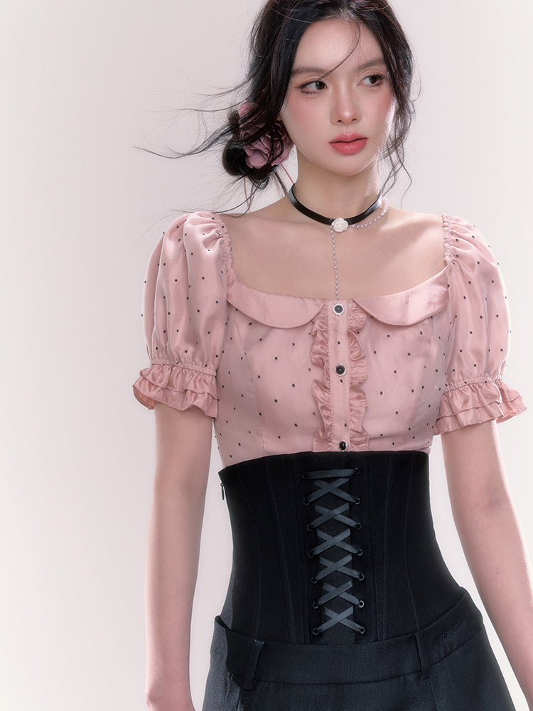 Ruffle Sweet Dot Puff Sleeve Top + Lace-Up High Waist Skirt