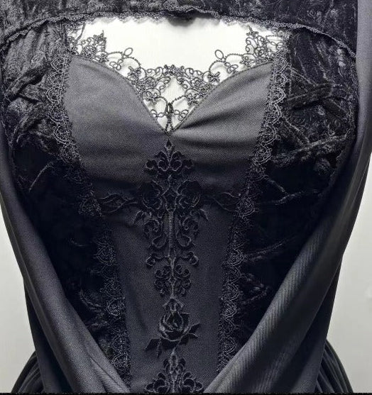 【12月13日予約締切】ダークゴシックローズエンブロイダリーブラックベルベットドレス＋ヘッドバンド