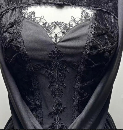 【12月13日予約締切】ダークゴシックローズエンブロイダリーブラックベルベットドレス＋ヘッドバンド