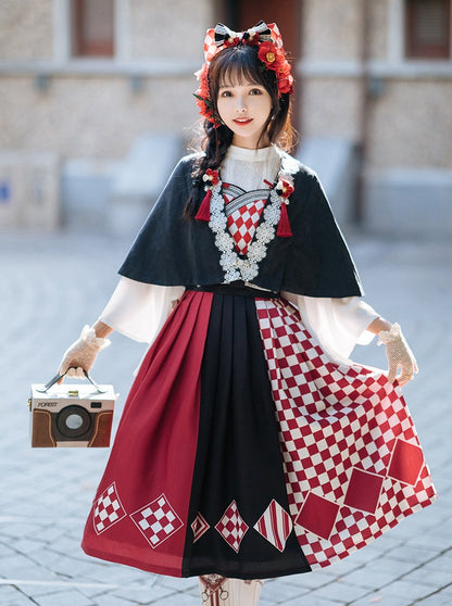 China jumper skirt + trumpet blouse + cape + fur scarf + tassel accessories