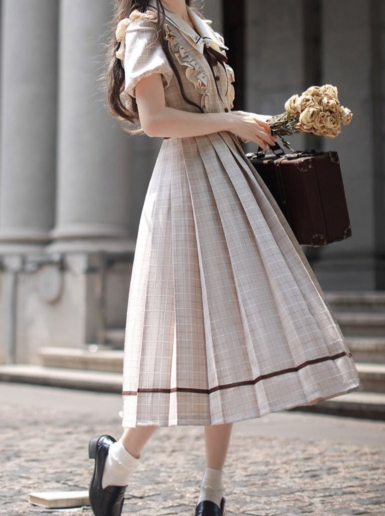 plaid retro dress rose lace 1950s - retro vintage dress 50s Vintage Dress (Swing Skirt)