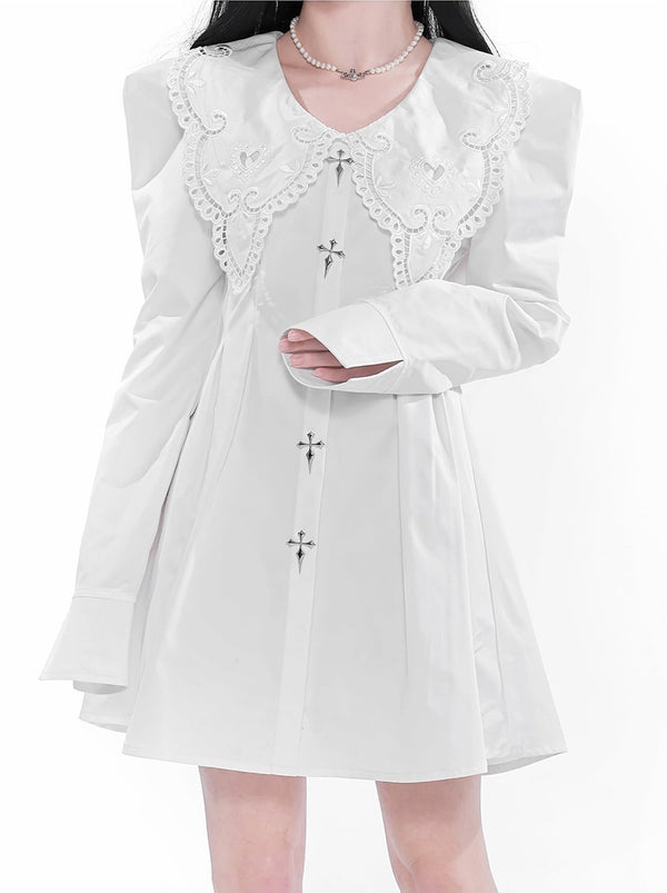 Gothic Lace Metal Cross Puff Shoulder Dress