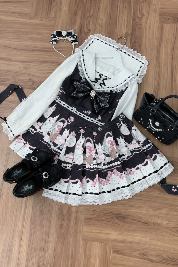 【8月30日予約締切】Black and Pink rabbit print lace sailor collar Op dress +pleated dress skirt set＋ 3 Styles of Bow Tie Available