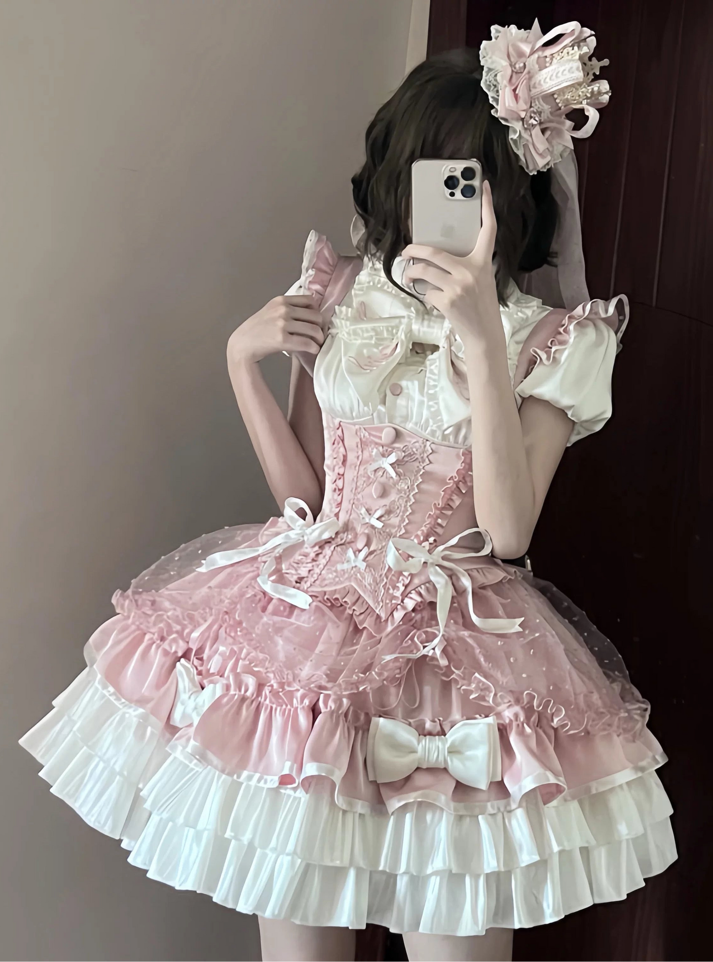 【5月12日予約締切】ピンクホワイトスイートロリータアイドルリボンパフスリーブシャツ＋コルセットチュールプルアップJKSドレスセットアップ