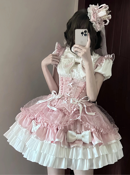 【5月12日予約締切】ピンクホワイトスイートロリータアイドルリボンパフスリーブシャツ＋コルセットチュールプルアップJKSドレスセットアップ