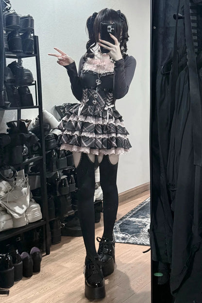 [Pre-order Deadline: October 30] Black Pink Lace Trim Square Neck Choker Design Knit Top + Lace Trim Plaid Tiered Skirt