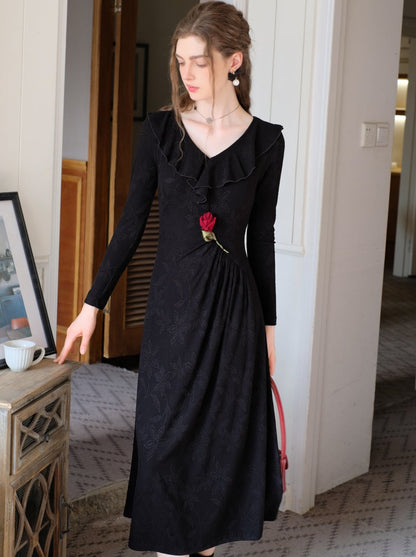 Dark Night Rose Chic Retro Long Dress