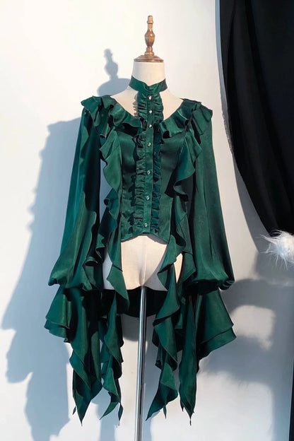 [November 9 Preorder Deadline] Victorian Gothic Lolita Halter-Neck Blouse with Flared Sleeves, an Asymmetrical Frill, and a Train