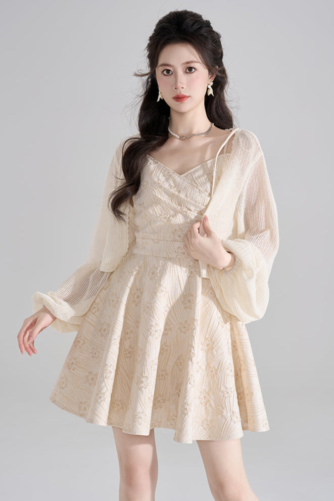 Vestido francés con cuello halter y escote en V + Camisa + Cárdigan