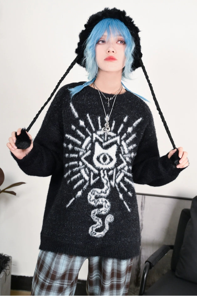 Weird House "Meow Meow Snake" black sweater loose and lazy girl autumn and winter imitation mink fur new Chinese jacquard top