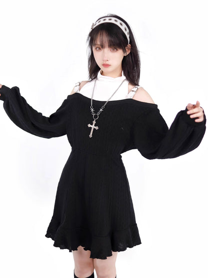 Cross Gothic Black Knitted Top Skirt + Black White Off Shoulder Dress Set Up